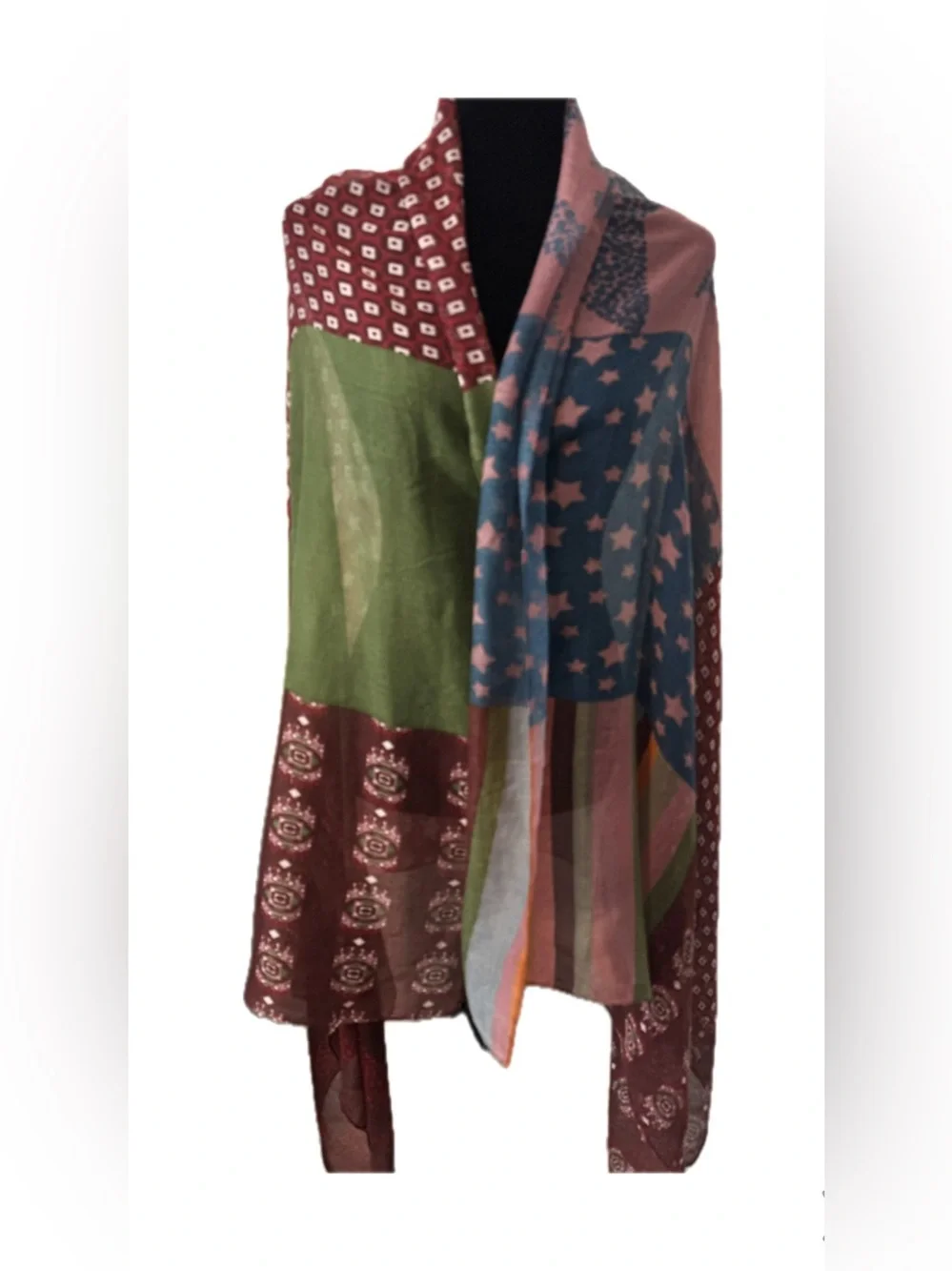 Boho Patchwork Oversized Scarf Wrap Shawl Stars Stripes Geometric 38x94